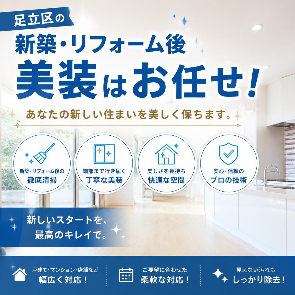 足立区の新築・リフォーム後美装はお任せ！あなたの新しい住まいを美しく保ちます。